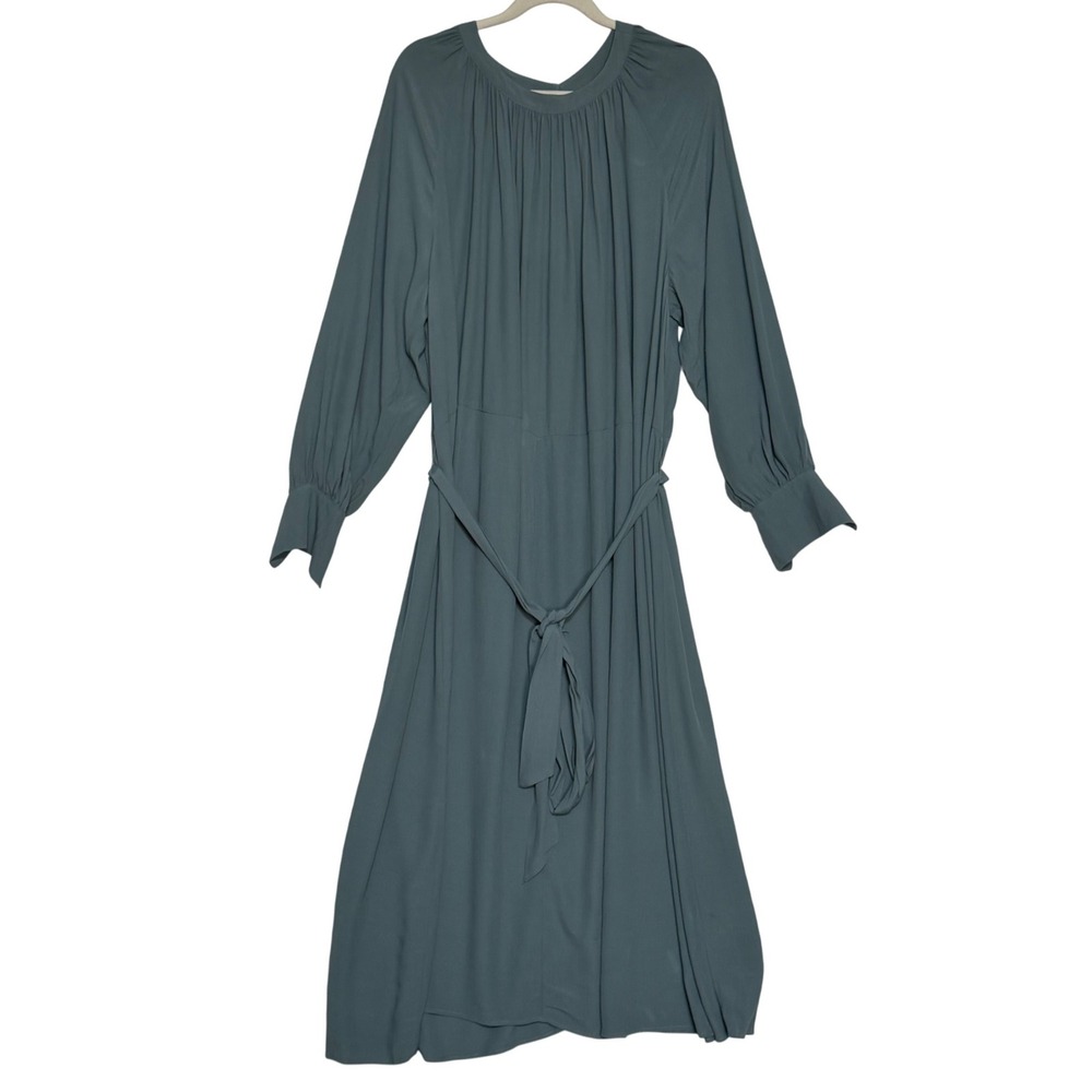 H&M Teal Green Maxi Dress‎ XXL Long Sleeve Pleated Waist Tie Midi